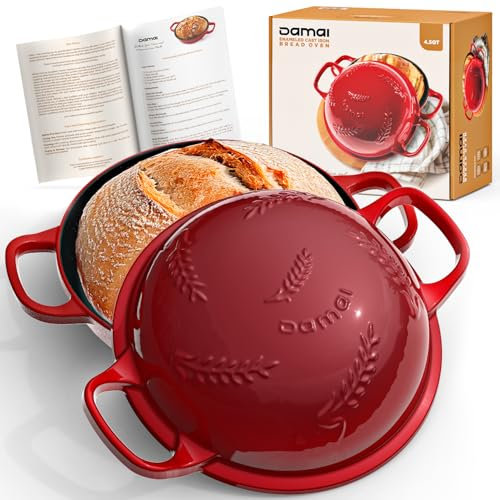 Damai Cast Iron Bread Oven with Lid, 4.5 QT Enameled Low Profile Base Dutch Oven with Handles, Perfect for Artisan Sourdough Baking, Round Bread Pot for Homemade Loaves, Gift Ready Packaging