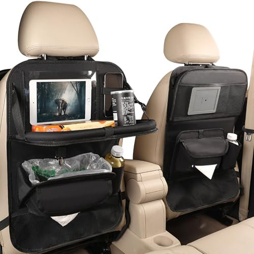 CaiTang 2PCS Organisateur Voiture avec Plateau pour Tablette Voiture Siege Arriere, Protection Siege Voiture Enfant avec Boîte à Essuie-tout, Plusieurs Poches Multifonction