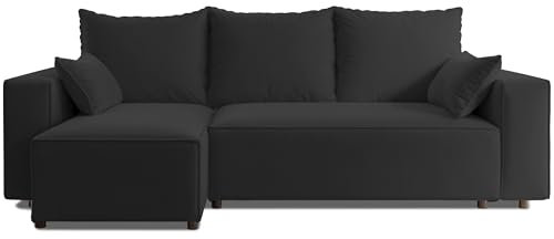 4ALL HOME Ecksofa mit Schlaffunktion Tobi 246x145 cm - Couch - Sofa mit Bettkasten - Eckcouch - L-Form - Schlaffsofa - Schlafsofa mit Bettkasten - Universal (Velo 637 Schwarz)
