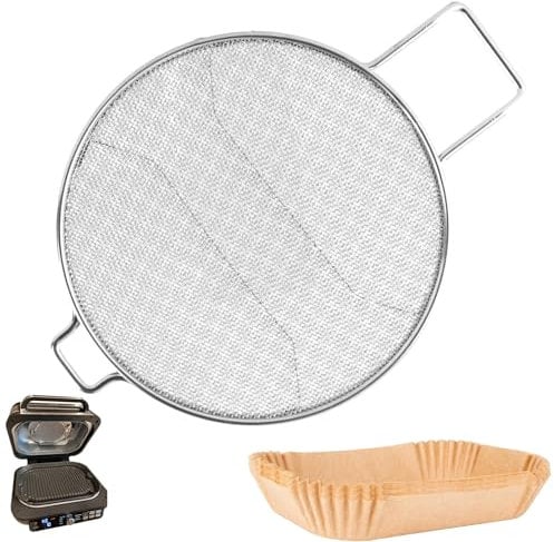 WEBROIL Splatter Shield & 100PCS Paper Liners for Ninja IG651,IG600,IG601 Foodi Air Fryer Accessories, Stainless Steel Splash Guard Replacement Parts for Ninja 6 in 1 Smart XL Indoor Grill Mesh Screen