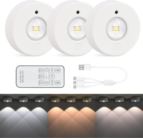 Mapille 3 Stück Schrankbeleuchtung mit Fernbedienung, USB Aufladbar RGB Dimmbar Unterbauleuchte, Kabellos Rund Vitrinenbeleuchtung LED, LED Spot Akku, Küche Schranklicht Klebeleuchte