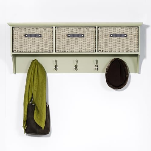 Tetbury Wall Mounted Coat Rack with Storage Baskets | Hanging Shelf 4-5 Double Hooks, Washable Baskets | Fully Assembled Hallway Furniture (sage green, large)