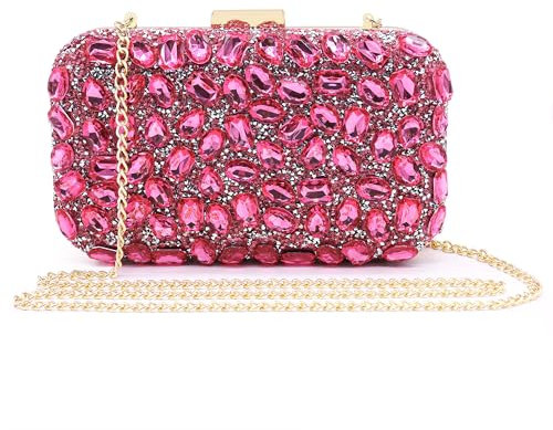 Milisente Pochette da donna con strass scintillanti, borsa da sera con cristalli glitterati, borsa a catena Sholuder, Rosa acceso