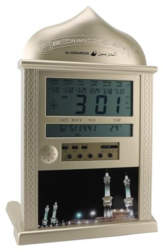 Fdit Digital Azan Gebetsmoschee Uhr, Perpetual Kalender Wandschisch (Gold)