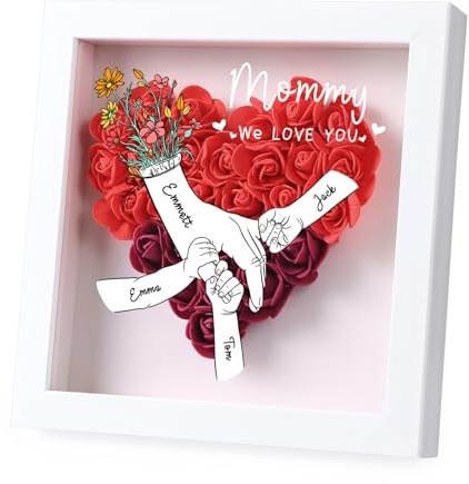 Dacomfy Geschenk für Mama Personalisierte Blumenbox für Mama mit 2 bis 8 Namen, Herzförmige Trockenblumen-Box, Die erste Wahl für Muttertagsgeschenke