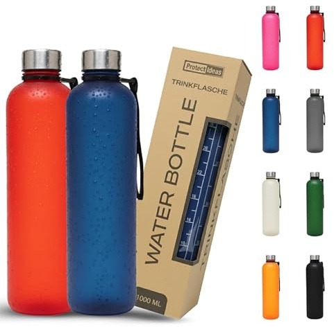 BierEx Trinkflasche 1l - Kohlensäure geeignet & Auslaufsicher - Für Sport, Schule & Büro - Sport Trinkflasche Gym - Wasserflasche Sprudel geeignet - Sportflasche 1 Liter (2 Stück Rot - Blau)