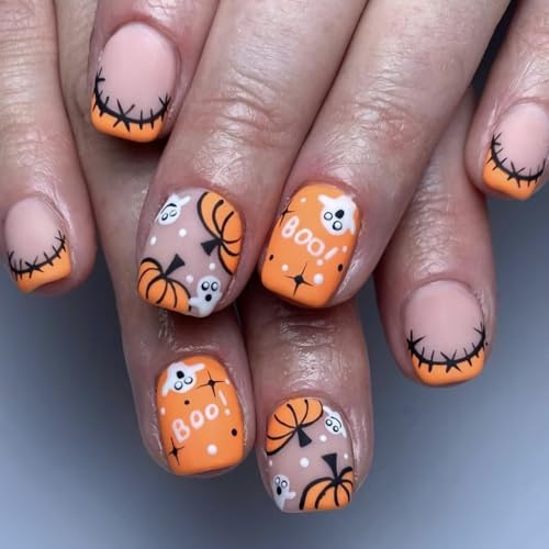 24Pcs Halloween Nails, Autumn Press on Nails with Pumpkin Ghost Designs, Orange Short Squoval False Nails for Women Girls, Spooky Fall Nail for Halloween Party