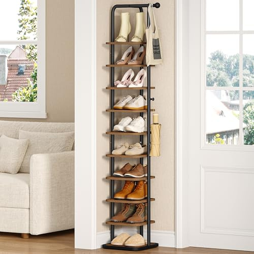 HEXCELEN Schuhregal, 10-Stockige Schuhablage Schmal, Vertikales Schuhregal, Verstellbar Ablage, für Eingangsbereich Wohnzimmer Schlafzimmer Flur, Braun und Schwarz