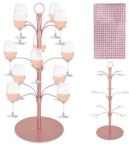 Kawlity Cocktail Tree Stand for Party, Metal Drink Tower with 3 Tier 12 Holders, Bar Drinks Tree Display Wine Glasses Holder Suitable for Champagne Cocktails Martini at Christmas Weddings (Rose Gold)