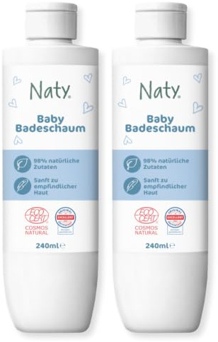 Naty Baby Badeschaum 240 ml – keine Tränen, ohne Duftstoffe, 98% natürlichen Ursprungs, vegan, zertifizierte Naturkostmetik (COSMOS Natural), für empfindliche Haut, ohne Sulfate (SLS/SLES)