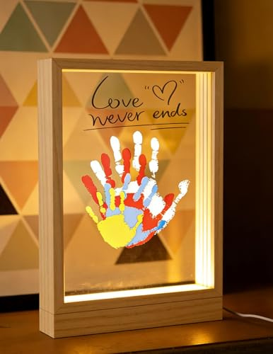 Familjehandavtrycksset med LED-nattlampa, fotavtryck, babyset och för hela familjen med 4 PS-plattor, handavtrycksset för par, giftfria färger, träram för pyssel för gåva (träfärg)