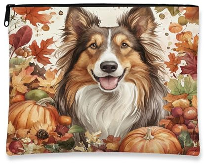 Fall Rough Collie Hunde-Make-up-Tasche, Herbstblatternte, Kosmetiktasche für Damen, tragbar, klein, Segeltuch, Reißverschluss, 17,8 x 22,9 cm