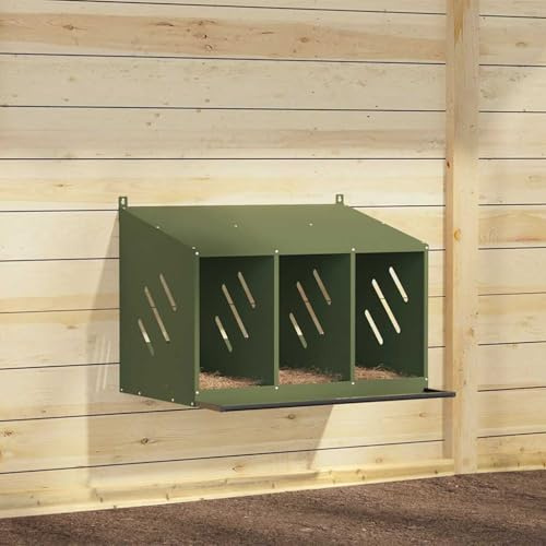 QUAHEAS Hühner-Nistkasten mit 3 Fächern Olivgrün Metall, 80x64x59,5 cm, wetterbeständig, mit Sitzstange, Belüftungslöchern, abnehmbarem Boden für Stall, Gehege, Voliere, Nager und Kleintier