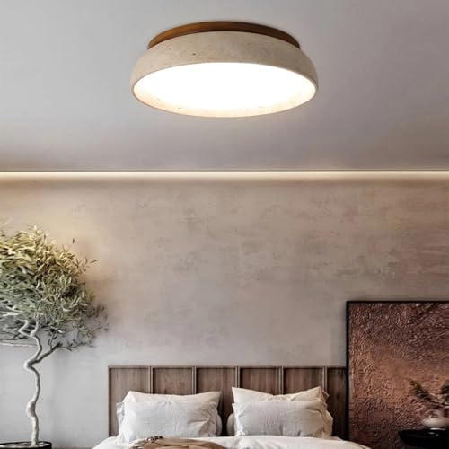 Modern Deckenleuchte für das Schlafzimmer,Deckenlampe für das Wohnzimmer | Deckenbeleuchtung im Retro-Landhausstil,LED-Beleuchtung mit 3 einstellbaren Farbtönen,Gelbem Travertin-Schirm Und Holzsockel