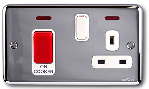 DETA 1927CHW COOKER CONTROL UNIT WITH SOCKET & NEON INDICATORS 45 AMP POLISHED CHROME / WHITE INSERT