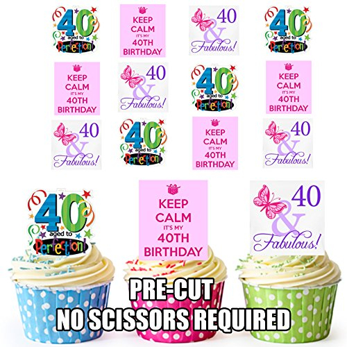 AK Giftshop Fun Female 40th Birthday, 12 Cup Cake Toppers, Edible Stand Up Decorations