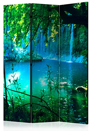 RAUMTEILER/PARAVENT B&D XXL - Paravent Raumteiler Innen Wasserfall Natur Wasser 135x172 cm 3-teilig Einseitig Raumtrenner Raum Trennwand Holz Room Divider Spanische Wand Raum Abtrennung blau