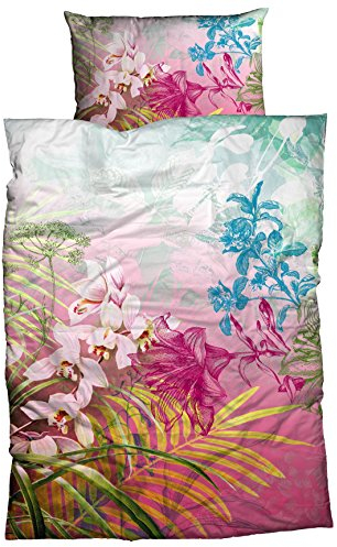 sister s. Satin-Bettwäsche Ibis einfach hip exotische Blüten und Palmblätter in ausgefallener Farbkombination 155x220 pink