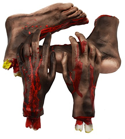 XONOR Halloween abgetrennte Hände Füße Set Scary Blutige gebrochene Körperteile Halloween Requisiten Dekorationen, 4 Stück (Füße und Hände) (schwarz)