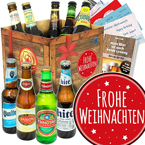 Frohe Weihnachten 9er Premium Bier Tasting Set mit Bierbuch & 6 Karten | Internationales Bier-Geschenkset mit 9 Bieren aus aller Welt, 104-seitigem Buch, Bewertungsbogen und 3 Urkunden