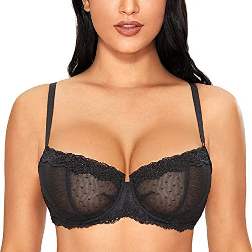 DOBREVA Women's Sexy Lace Balconette Bra Unlined Underwire Open Half Cup Bra See Through Sheer Balcony Bra Black 38D