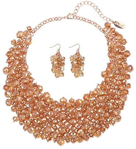 Bocar Fashion Crystal Chunky Collar Statement Necklace Earring Set for Women Gift (NK-10260-Champagne)