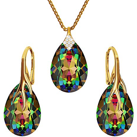 Ohrringe Silber 925 Hängend - Kette Damen mit Anhänger - Vergoldet Schmuck Set für Sie - mit Kristallen - Ohrringe Hängend und Halskette Damen Silber 925 - Tropfen mit Krallen (Vitrail Medium)