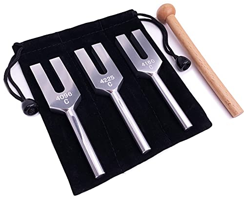 Angel Stimmgabeln Set 4096Hz 4160Hz 4225Hz für Heilung Musikinstrument mit Holzhammer und weicher Aufbewahrungstasche