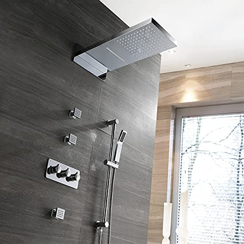 ALYHYB Thermostatisches Unterputz-Duschsystem Quadratischer Regenduschkopf mit 4 Kupfer-Körperdüsen-Set, Badezimmer Messing-Deckenmontage-Chrom-Duschset mit selbstreinigender Düse