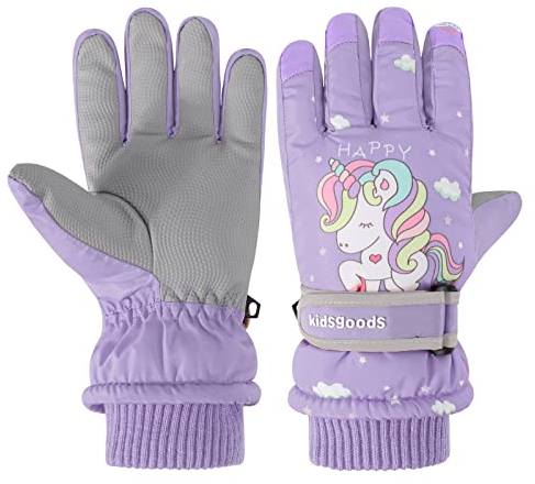 Kinder Winter Skihandschuhe Wasserdicht Snowboard Handschuhe Anti-Rutsch Plüsch Gefüttert Warm Handschuhe für Mädchen Jungen 6-10 Jahre alt (lila Einhorn)