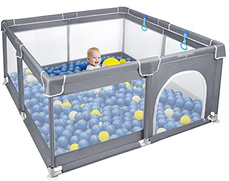 NAIZY Baby Laufstall L Laufgitter Grau Absperrgitter mit Rutschfester Basis und Atmungsaktivem Netz für Kinder im Innen- und Außenbereich (127 * 127 * 68cm)