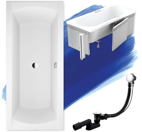 BADLAND Badewanne Original Weiß Acryl Wanne Rechteck INES 190x90 KOMPLETTSET SET mit Premium Styroporverkleidung + Füßen und Exklusive Chrom Automatik Ablaufgarnitur Made in EU 4in1