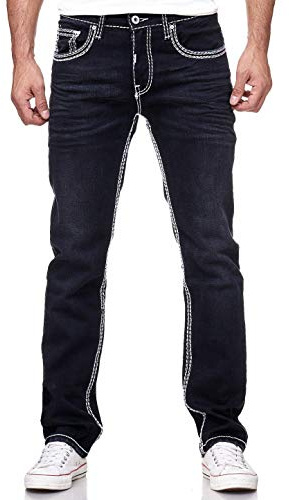 R-Neal Dicke Naht Herren Jeans Hose 'Levin' Länge 32 + 34 Jeanshose Kontrastnaht Neon Grün Schwarz Blau Stretchdenim Streetwear Regular FIT, Hosengröße:31W / 32L, Denim Color:7444-7