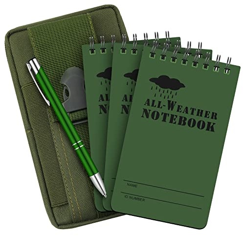 Eaasty Wasserdichtes Notizbuch- und Stifte-Set, 7,6 x 12,7 cm, taktisches Notizbuch mit 1 wetterfestem Metallstift und 1 Stoffbezug für Outdoor-Aktivitäten (Armeegrün, 5 Stück)