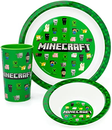 Juego de vajilla Minecraft 3 piezas | Niños Niños Vajilla verde tazón de plato y vaso taza | Creeper Skeleton Enderman Zombie Personajes del juego