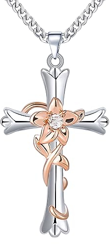 Mesovor Cross Necklace for Women, Religious Faith Cross God Blessed Pendant Necklace for Girls Mom Wife Gift for Mother's Day or Birthday (Daffodils-Hope)