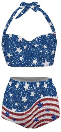 Annejudy Maillot de bain deux pièces pour femme - Bikini taille haute froncé avec bas, Drapeau américain, XX-Large