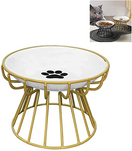 EHOTER 2023 New Whisker-Friendly Anti-Vomit Cat Plate Elevated Bowl-Raised Ceramic Cat Bowl with Metal Stand Food Water Anti Vomiting Shallow Ceramic Dish for Cat Small Dogs (Gold Rack,Paw Plate)