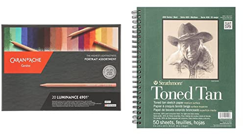 Caran d'Ache 6901.92 6902 Farbstifte Luminance Portrait Sortiment 20 Farben,mehrfarbig,26 x 19 x 2 cm & Strathmore 400 Series Skizzenbuch, getönt, Hautfarben, 22,9 x 30,5 cm, drahtgebunden, 50 Blatt