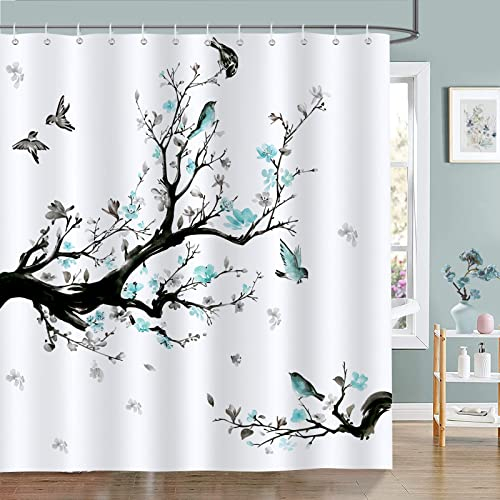 Bonhause Duschvorhang Blaue Blumen Vogel AST Duschvorhänge 180 x 180 cm Anti-Schimmel Wasserdicht Polyester Stoff Waschbar Bad Vorhäng für Badzimmer mit 12 Haken