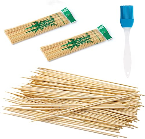 150 Palillos de Barbacoa Largos de Madera Desechables, 1 Pincel de Aceite, Duraderos y Prácticos para Pinchos, Kanto (2,5 mm x 30 cm)