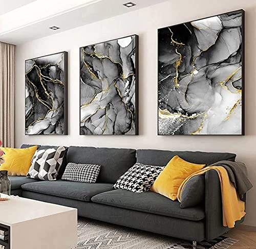 HEHGVCF Wandbilder Schwarzes Grau Leinwand Bilder Abstrakte Geometrie Marmor 3er Set Kein Rahmen Home Deko Bilder Grau Gold Blau Rosa (A,30 x 45cm)