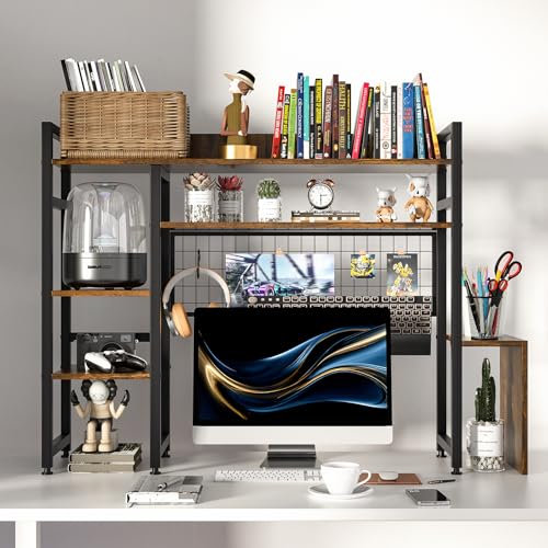 mopam Computer Desktop Bookshelf Countertop Hutch Display Shelf 4 Tier Wooden Storage Shelf Multipurpose Display Rack Desktop Hutch Storage Organizer for Home Office Study Room Bedroom