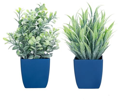 summer flower Künstliche Pflanzen im Topf, kleine künstliche Eukalyptus-Topfpflanze, Rosmarin im Topf, Grünpflanzen für Zuhause, Büro, Regal, Tisch, Schreibtisch, Badezimmer-Dekoration (Blau-2)