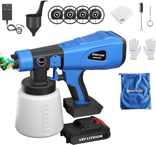 Akku Farbsprühsystem Farbspritzpistole, 800ml Lackierpistole mit 4 Düsen - 1/1.5/1.8/2.5mm, 3 Muster und 4 Filter für Lacke, Zaun, Geländer und Lasuren
