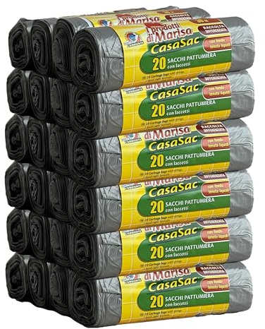 CSC – Müllbeutel 30 l mit Bändern, 480 Stück, Müllsäcke 50 x 65 cm für Abfalleimer unter dem Waschbecken, Müllbeutel für Mülltrennung, innen auslaufsicher und pannensicher – 24 Rollen, grau