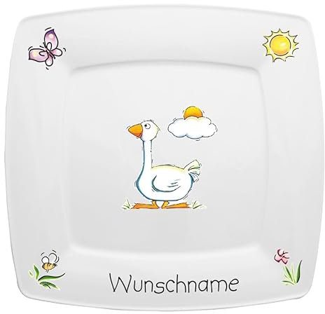Doriantrade Speiseteller eckig 26cm Kinderteller Teller Porzellan Gans personalisierbar mit Wunschname Name Kindergeschirr mit Namen personalisiert