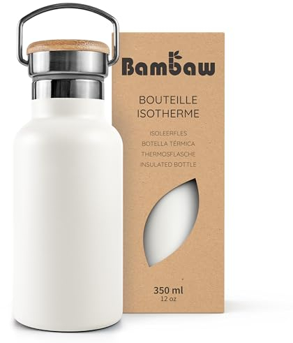 Bambaw Gourde Isotherme 350ml, Thermos Blanc, Gourde Inox Légère, Gourde Sans BPA, Gourde Metallique Enfant 350ml, Gourde Réutilisable – Blanc Polaire