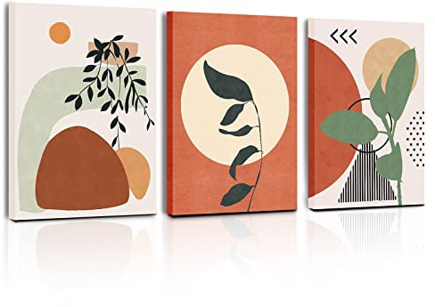 hyidecorart Boho Bilder 50x70 cm 3er Set Schlafzimmer, Aesthetic Orange Wandbilder mit Rahmen Abstract Wanddeko Wohnzimmer Modern Nordische Minimalistisch kunst Blätter Sonne Flur küche Büro Villa