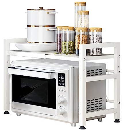 Yuejooz Expandable Microwave Oven Rack 2- Tier Kitchen Microwave Shelf, Height Length Adjustable, Kitchen Storage Organizer Counter Shelf Stand for Rice Cooker Toaster (L15. 7-23. 6xW14. 7xH 18. 1)